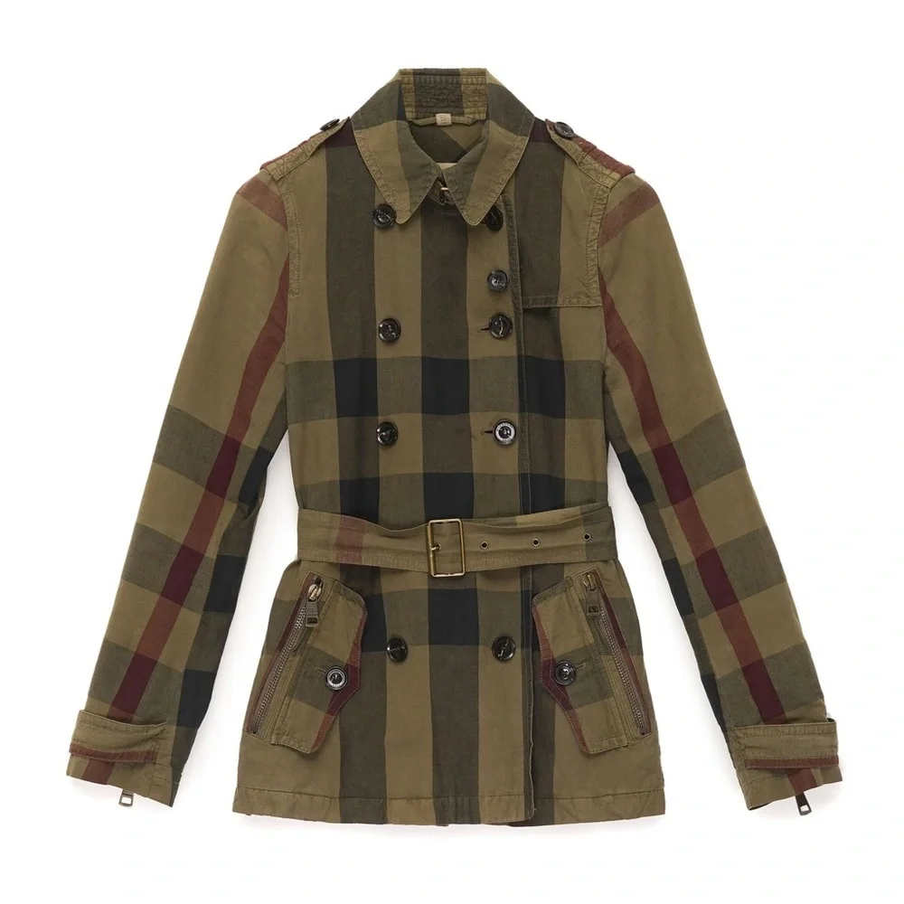 Burberry Brit Check Trench Coat Jacket double breasted Short Linen green belted - Picture 16 of 16